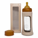 Biberon en verre borosilicaté Hevea 250 ml Sand avec tétine, bouchon et manchon en caoutchouc naturel