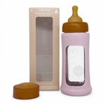 Biberon en verre borosilicaté Hevea 250 ml Powder Pink avec tétine, bouchon et manchon en caoutchouc naturel