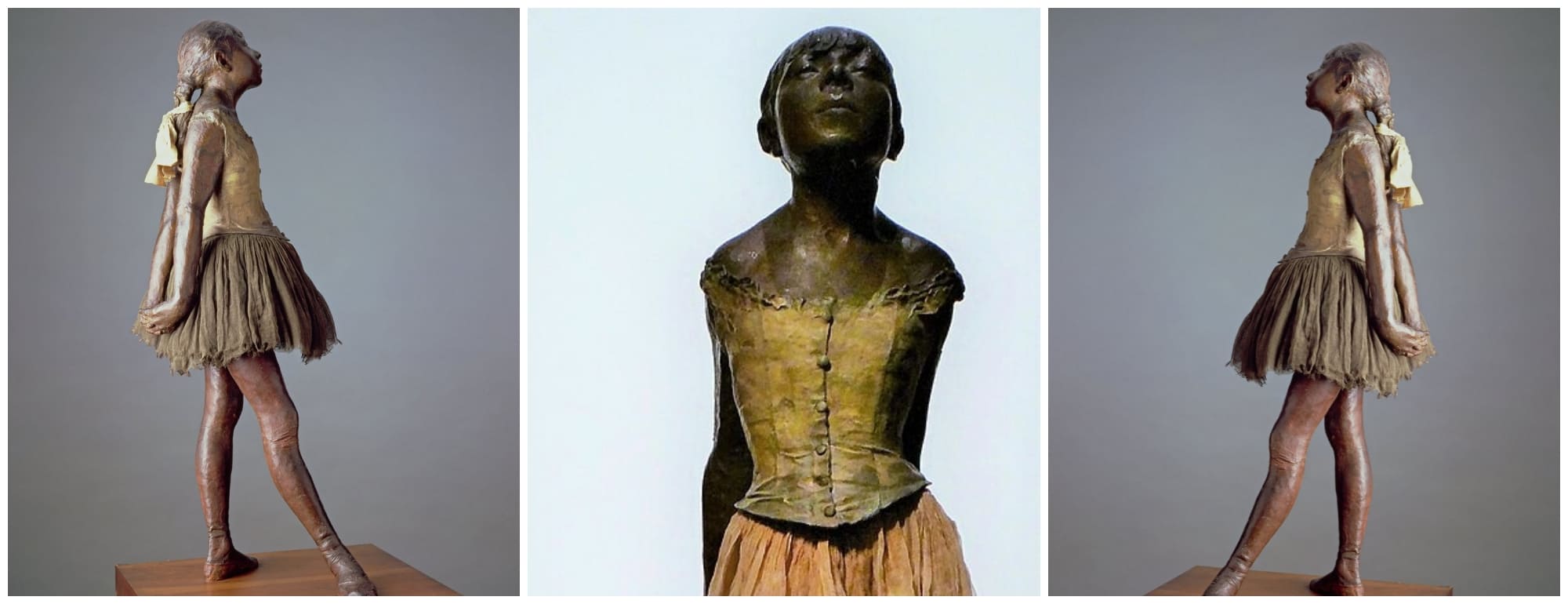 la Petite Danseuse de quatorze ans d'Edgar Degas, vue de profil et de face avec son tutu en tissu