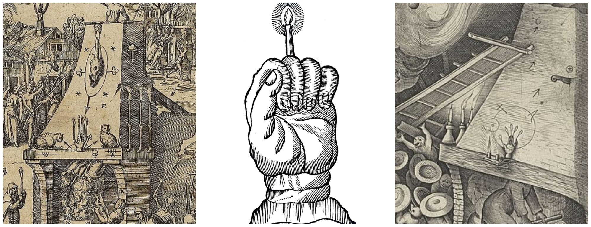 Collage de gravures anciennes illustrant la Main de Gloire, une main de pendu momifiée servant de bougie magique, issue de grimoires comme le Petit Albert.