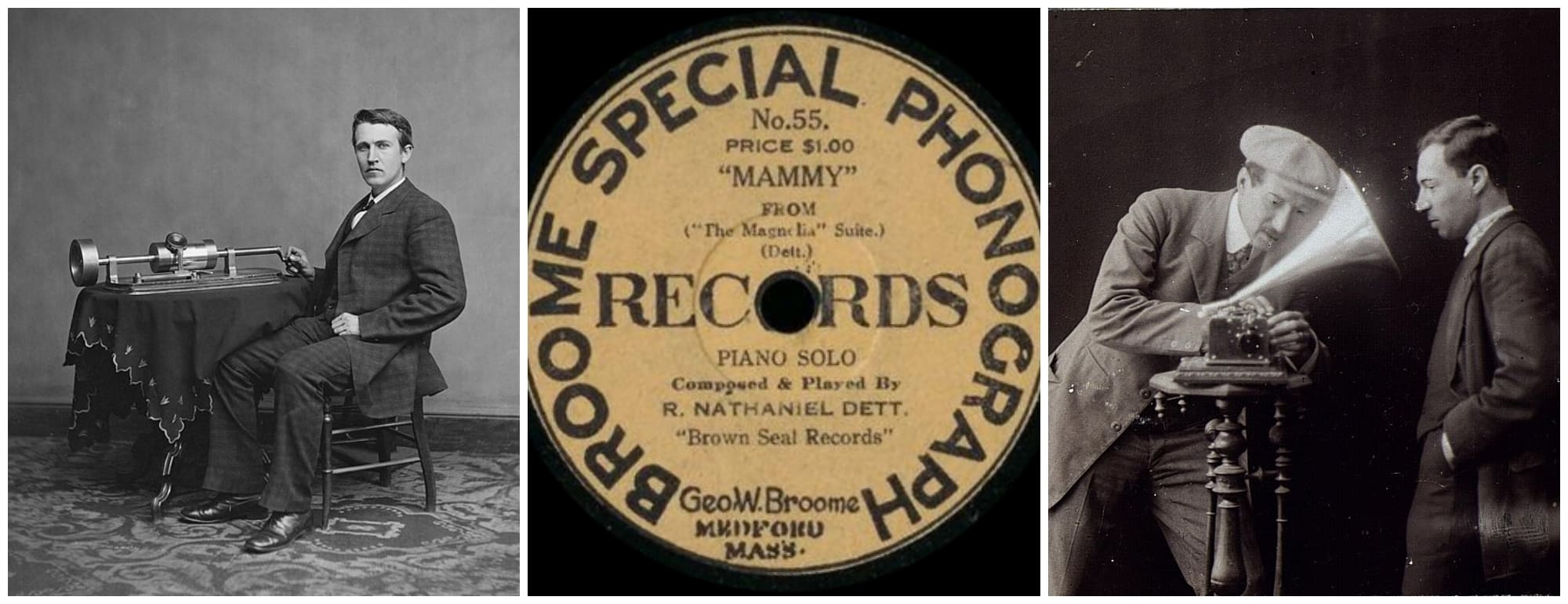 Portrait de Thomas Edison avec son phonographe, étiquette de disque Broome Special Phonograph et scène d'enregistrement sonore historique sur cylindre de cire.