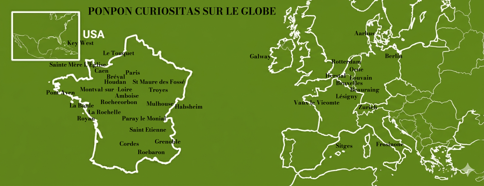 Carte de France et d'Europe indiquant les points de vente et villes où trouver les bougies artisanales et les bougies Globes Ponpon Curiositas.