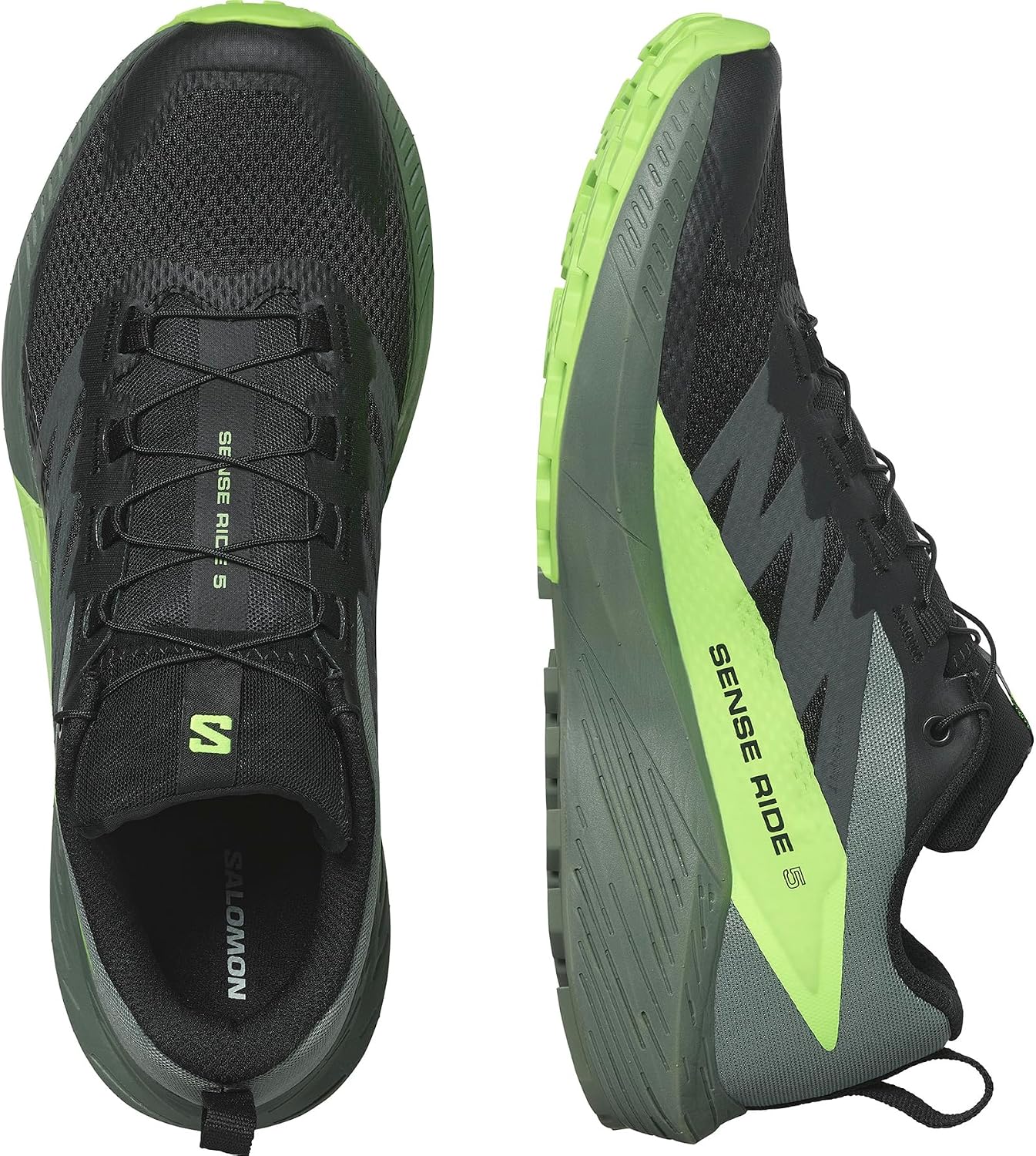 Salomon Mens Sense Ride 5 Trail Running Shoes 40 2/3 EU Black Laurel Wreath Green Gecko 5