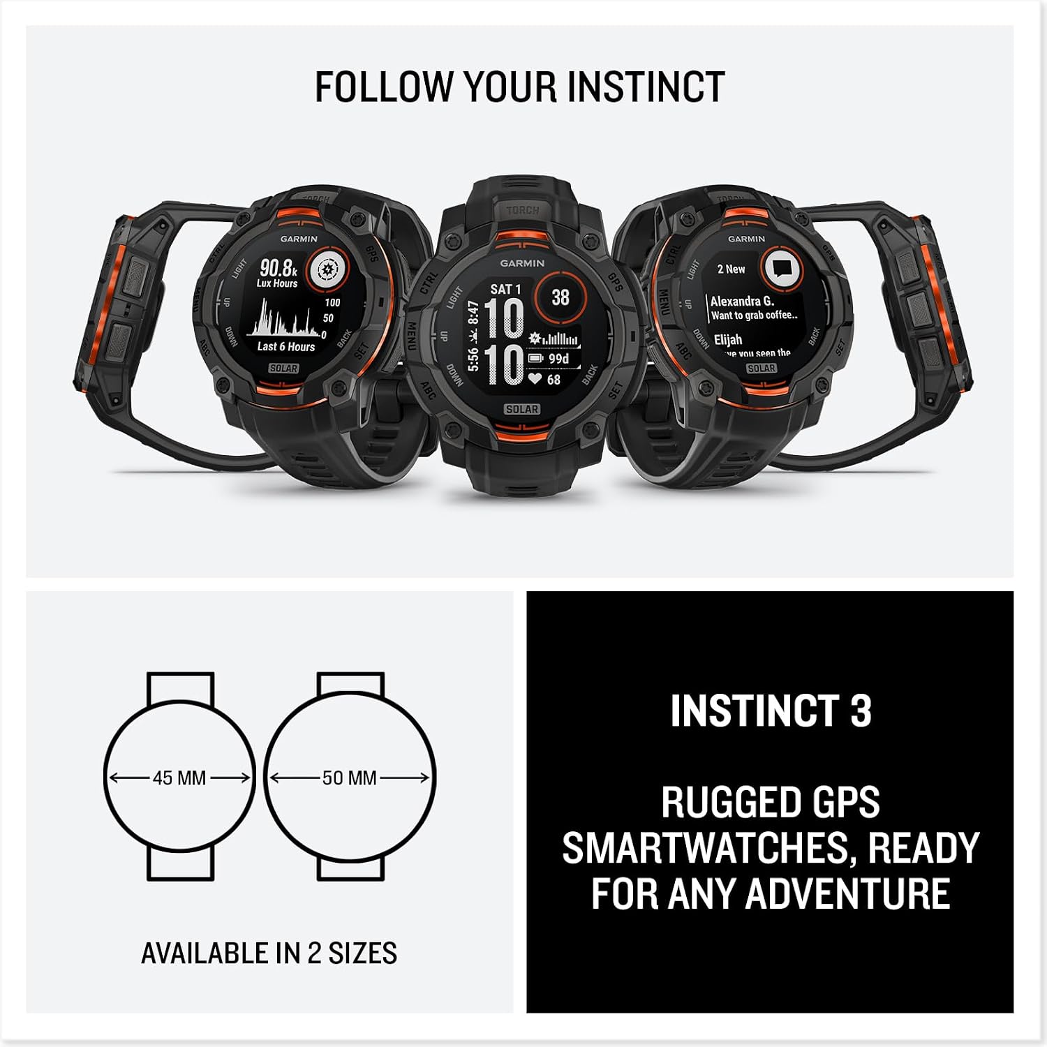 Garmin Instinct 3 Solar, Montre GPS connectée Robuste, Noir, 45mm Noir 45 mm SOLAR 7