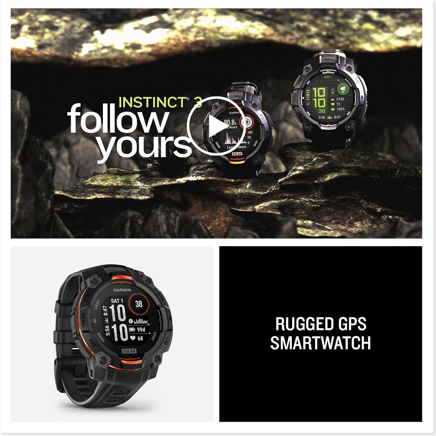 Garmin Instinct 3 Solar, Montre GPS connectée Robuste, Noir, 45mm Noir 45 mm SOLAR 8