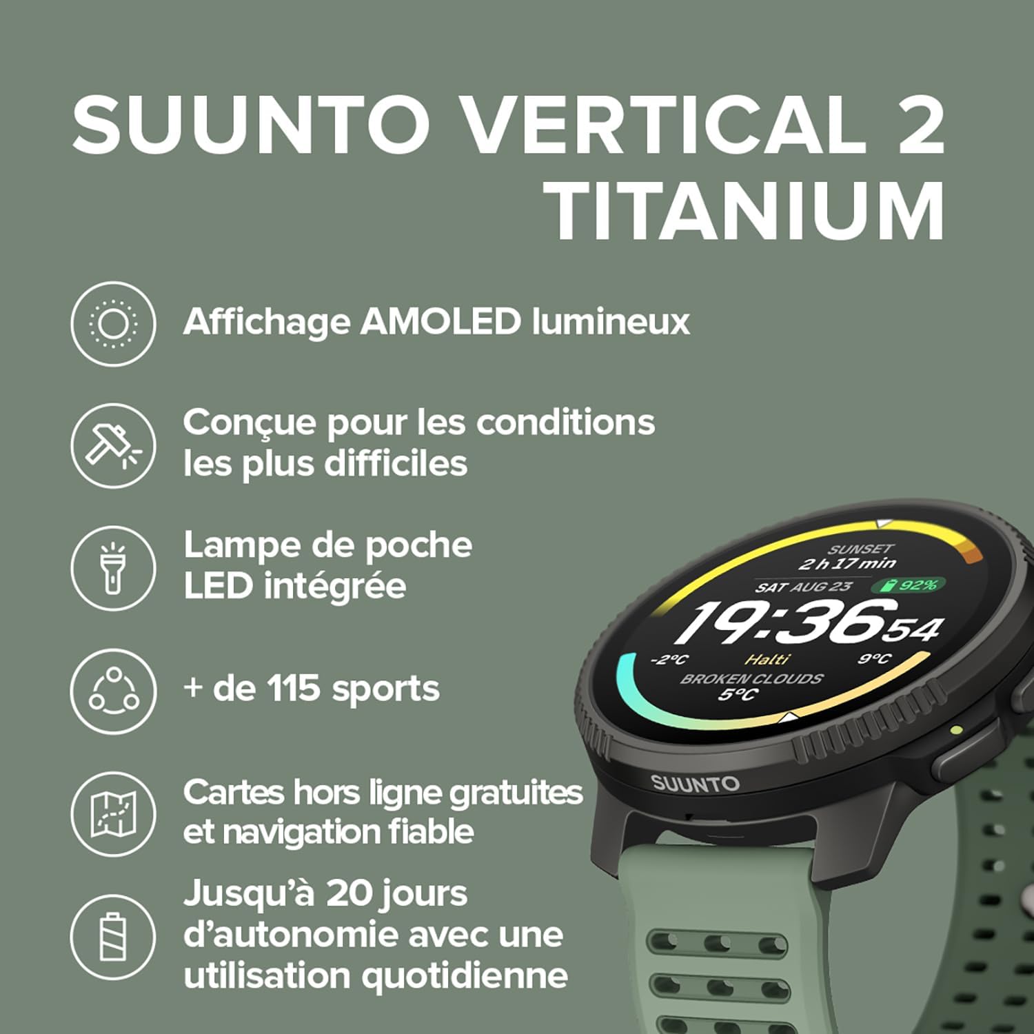 SUUNTO Vertical 2 Montre de Sport GPS, écran AMOLED 1.5” avec 115+ Modes Sage Titanium 2