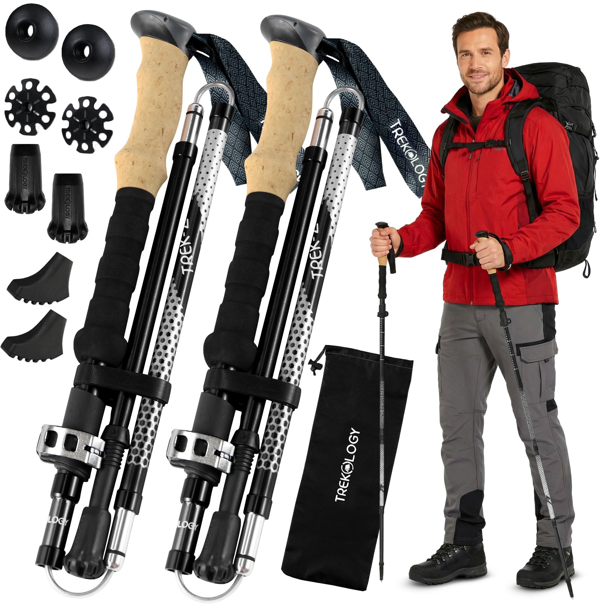 TREKOLOGY Trek-Z Bâtons de Randonnée Pliants Aluminium Poignée EVA Paire Noir V2 100–120 cm (for Height: 150–178 cm)