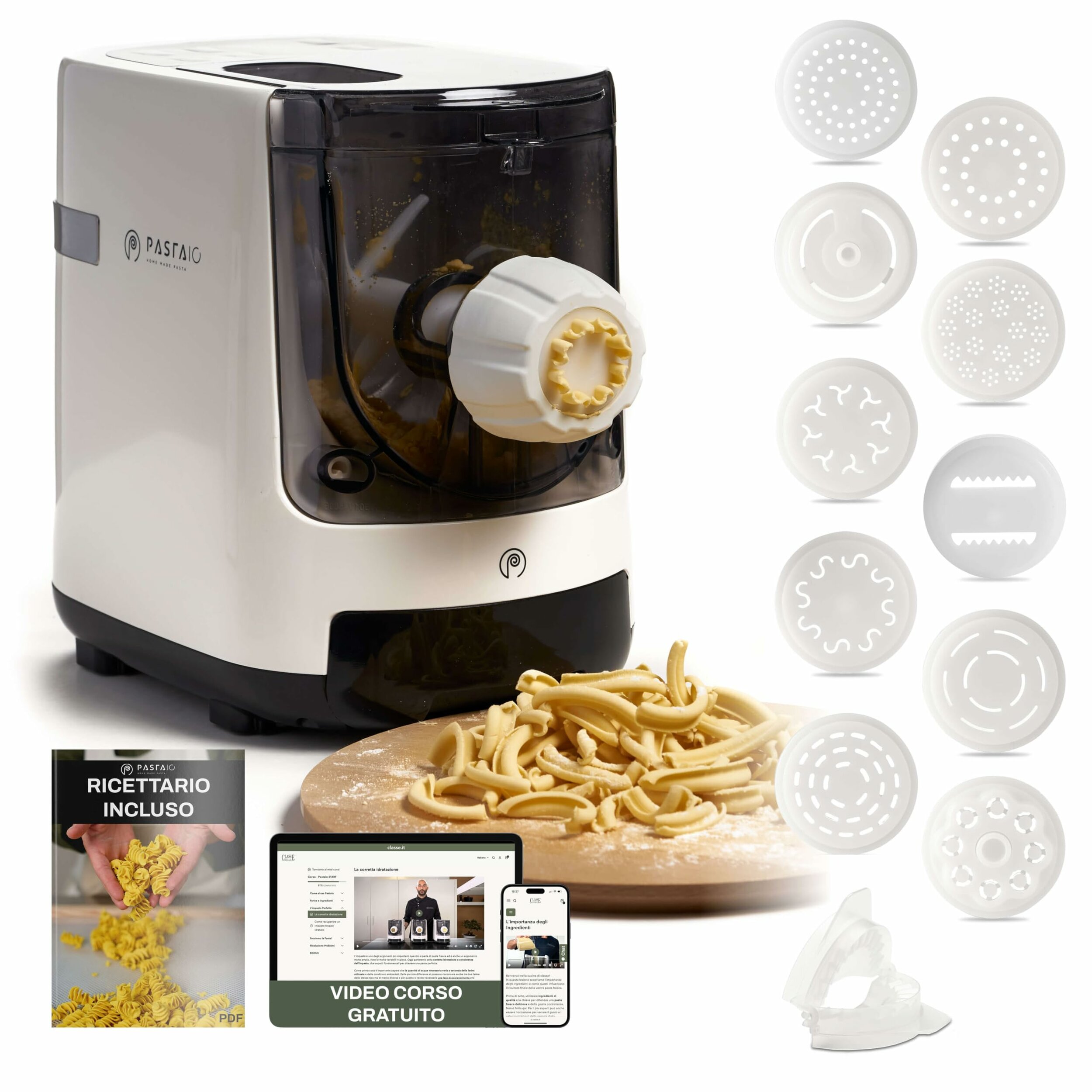Machine à pâtes automatique Pastaio blanche avec 11 matrices