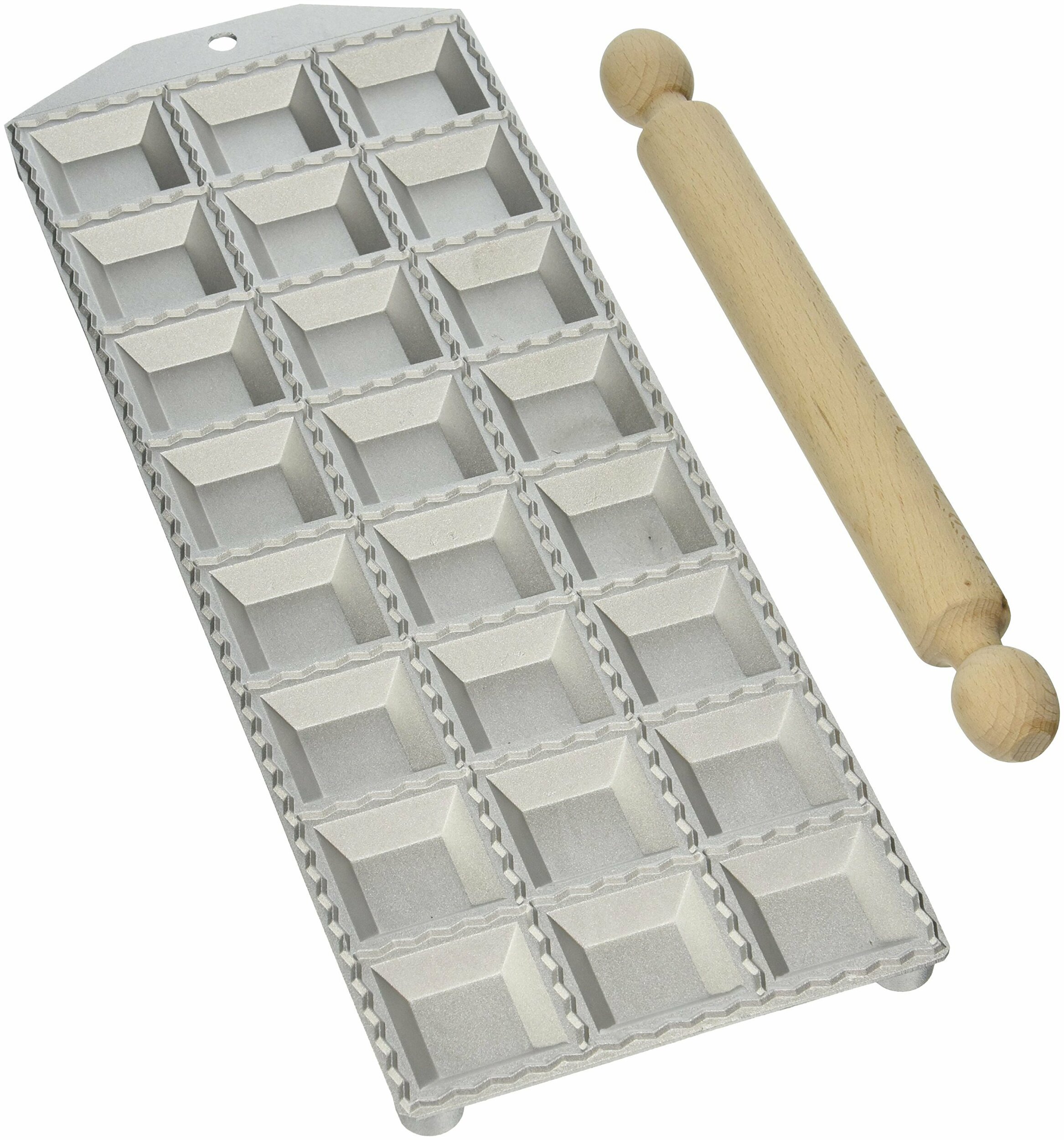 Moule à raviolis carrés 24 alvéoles en aluminium avec rouleau en bois