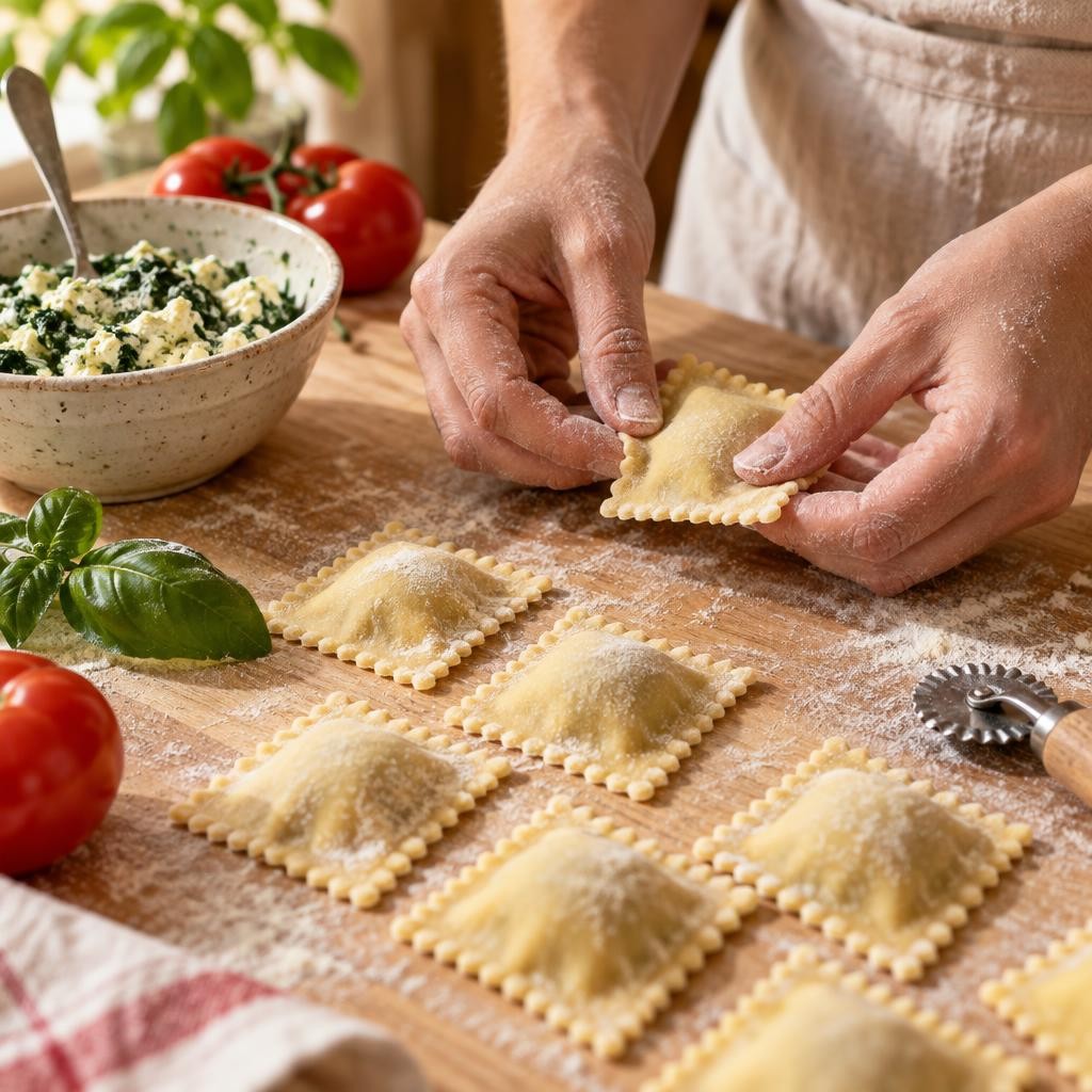 Raviolis frais maison posés sur un plan de travail fariné