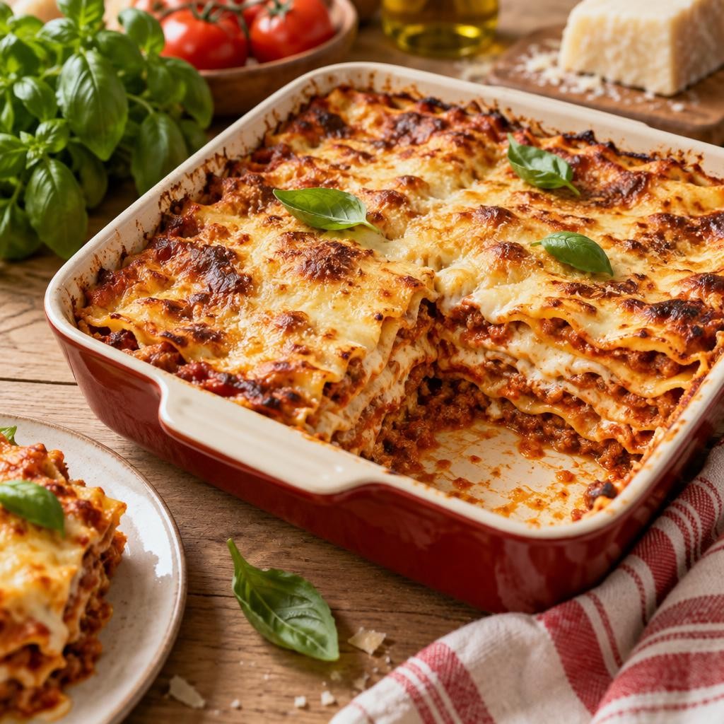 Lasagnes maison aux pâtes fraîches sortant du four