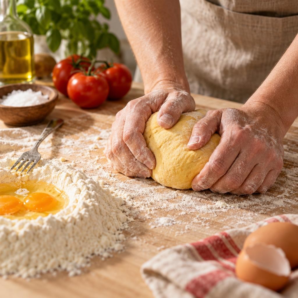 Mains farinées pétrissant la pâte à pâtes