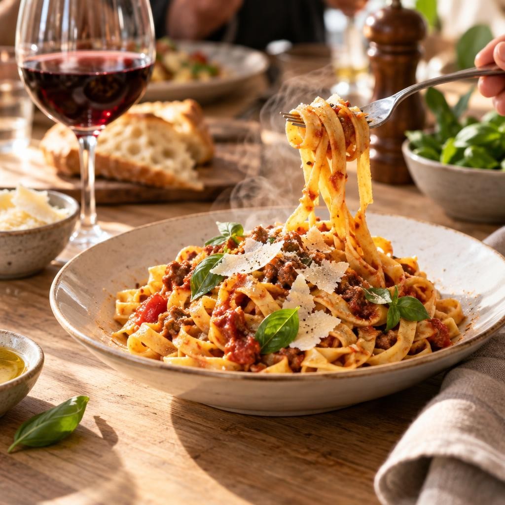 Table dressée avec une assiette de tagliatelles fraîches