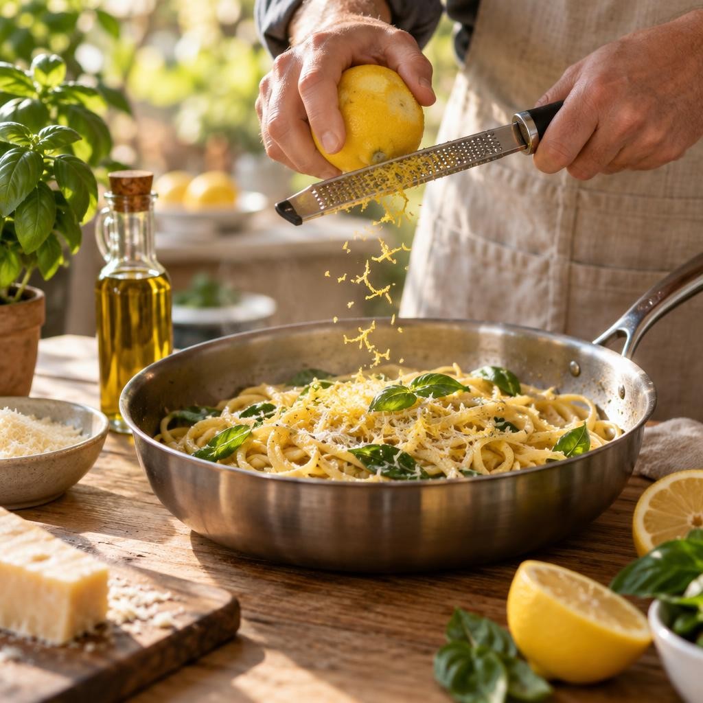 Spaghetti frais zestés au citron dans la poêle