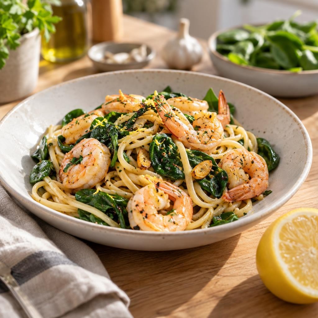 Assiette de spaghetti aux crevettes et aux épinards
