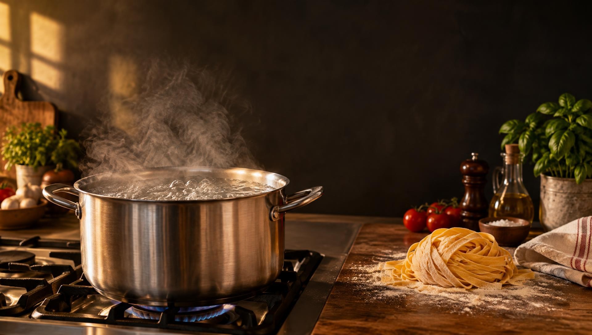 Grande casserole d'eau bouillante prête pour la cuisson des pâtes