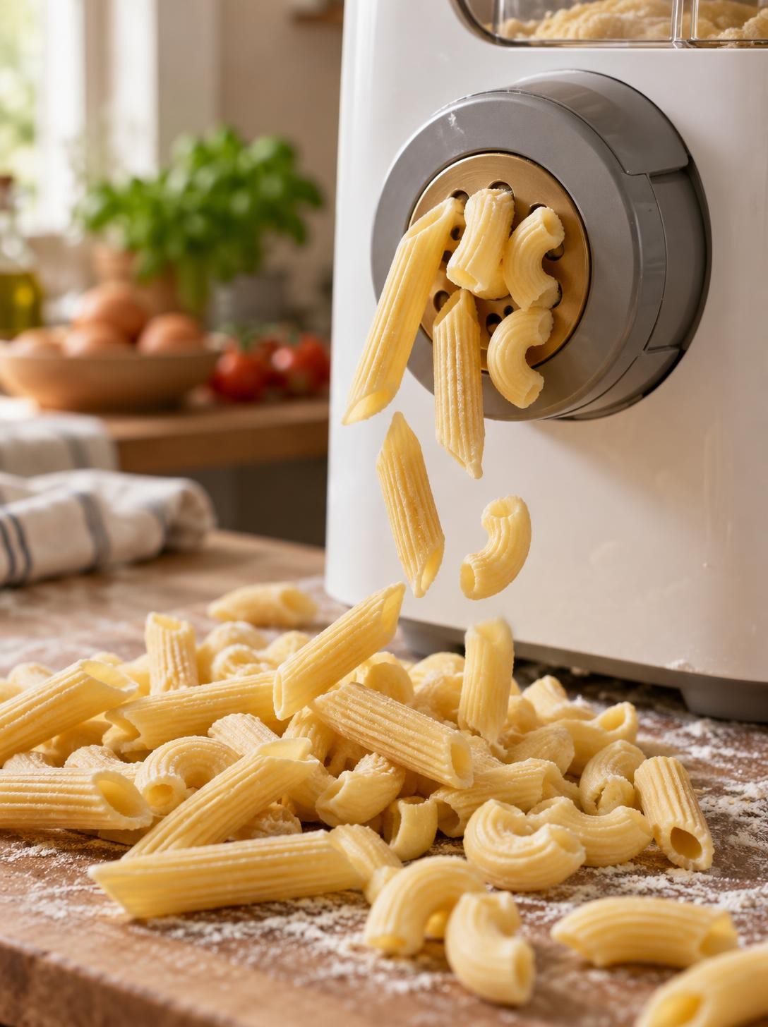 Penne fraîches sortant de la filière d'une machine automatique