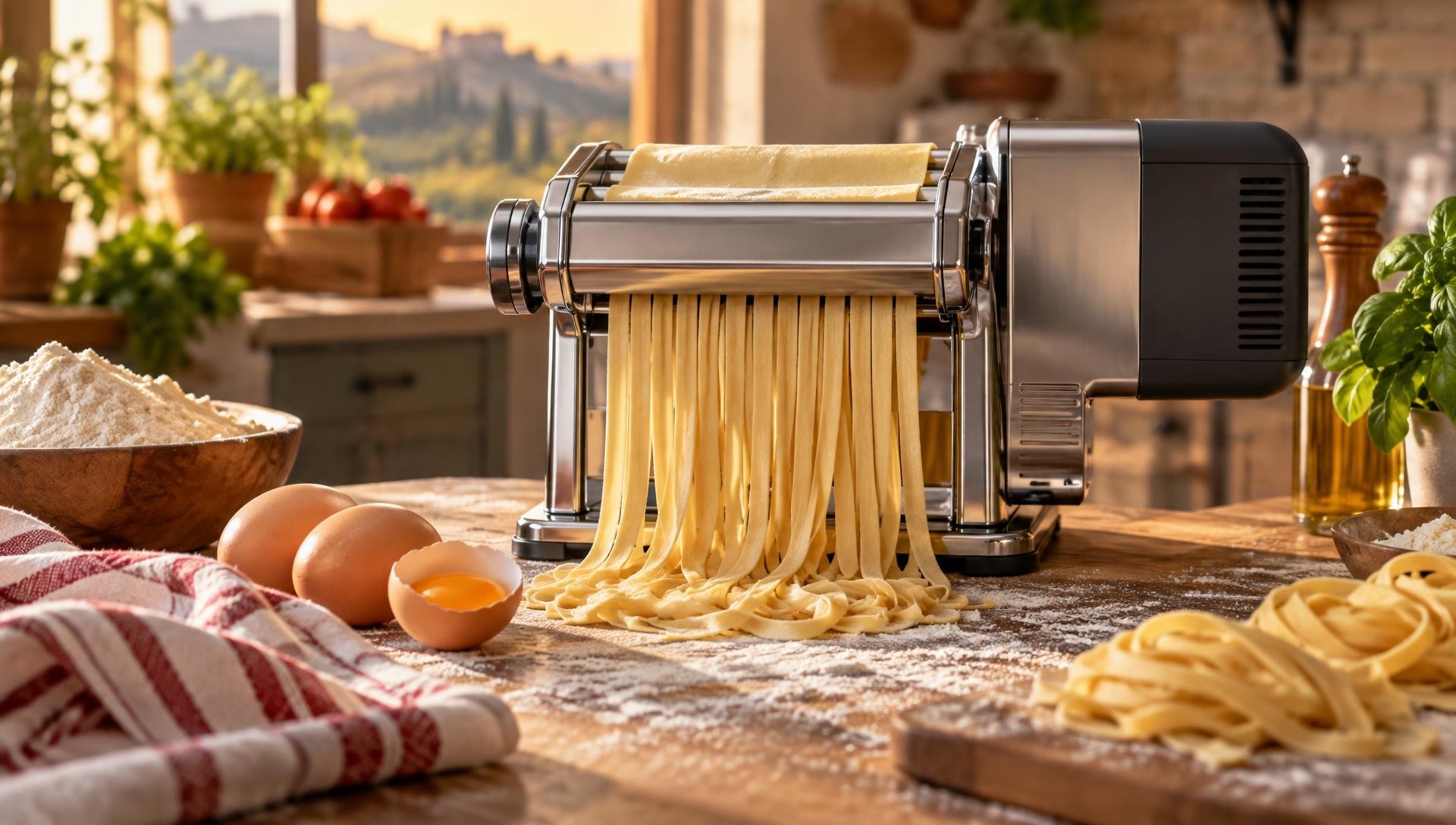 Machine à pâtes électrique découpant des tagliatelles fraîches