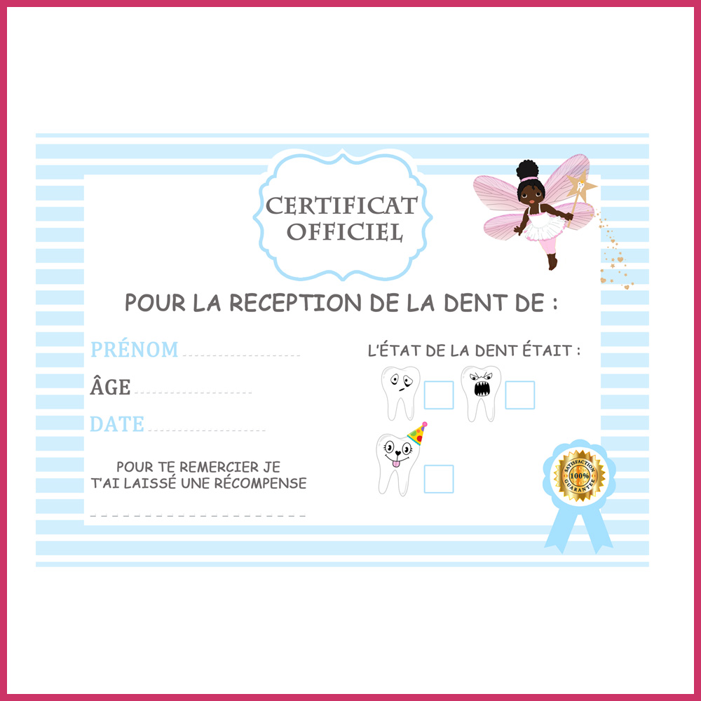 2 Certificats perte dents enfants fée des dents africaine