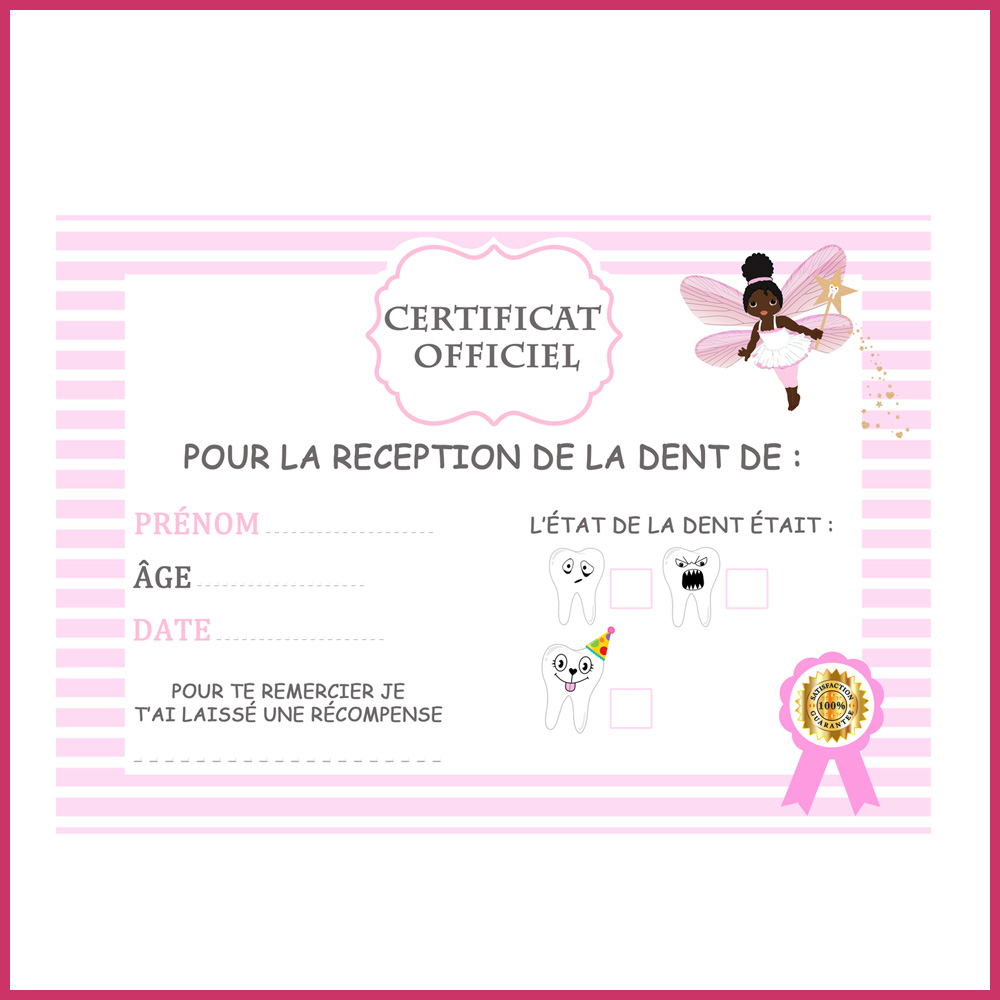 3 Certificats perte dents enfants fée des dents africaine