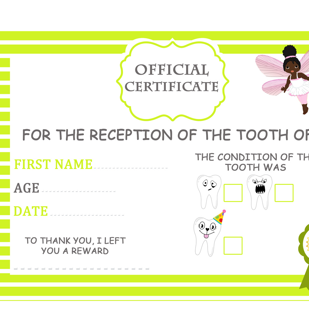 5Teeth certificate children black afro tooth fairy