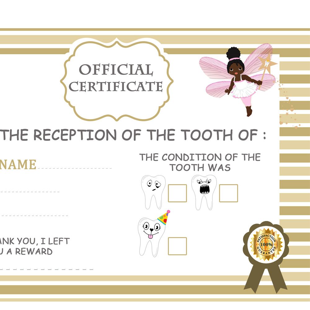 4 Teeth certificate children black afro tooth fairy
