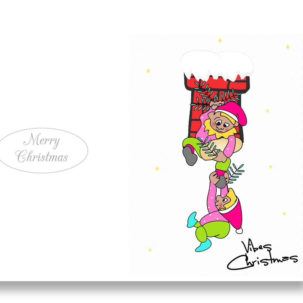 4 Happy New Year card Santa Elf