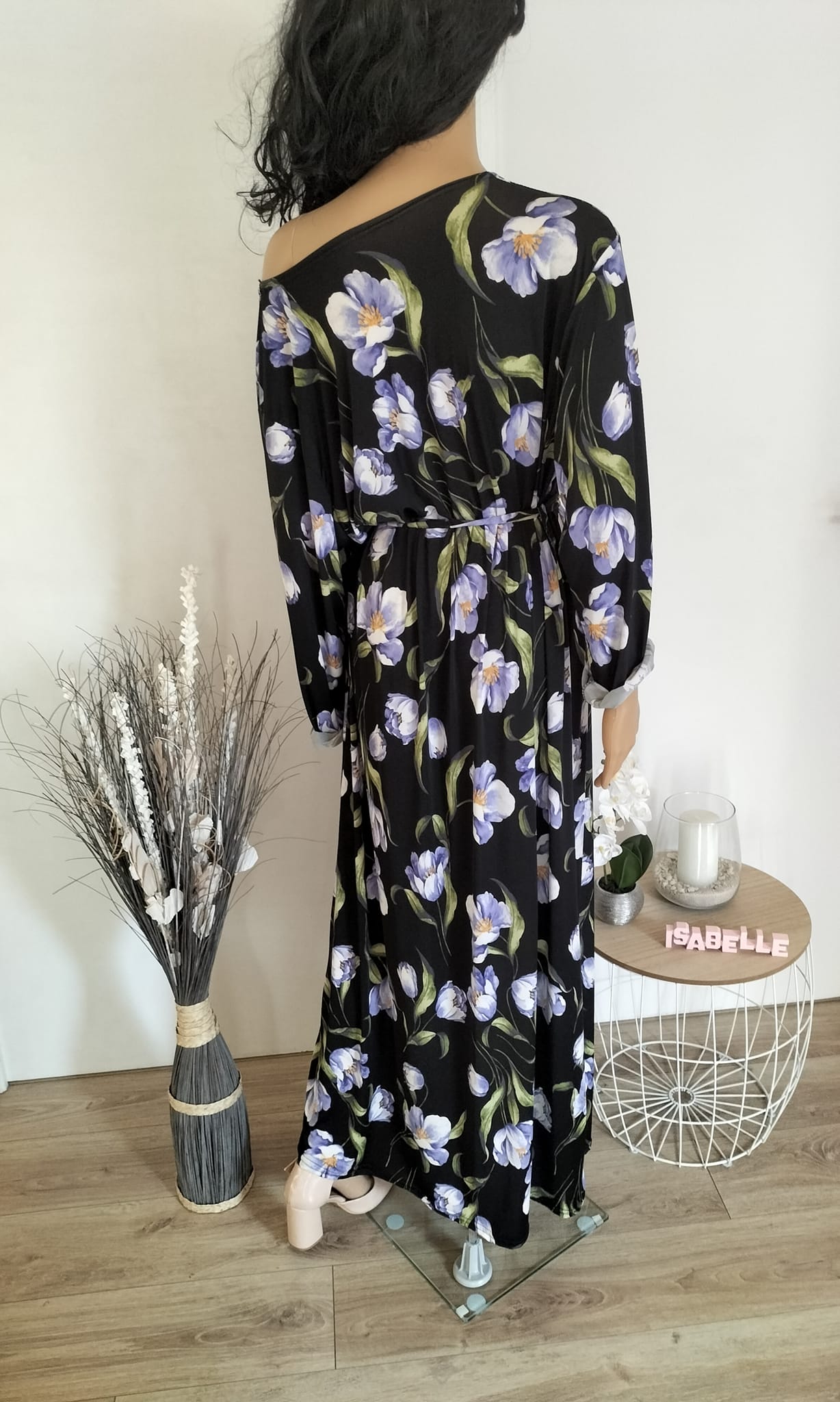 Robe longue noire imprimé fleuri violet  (2)