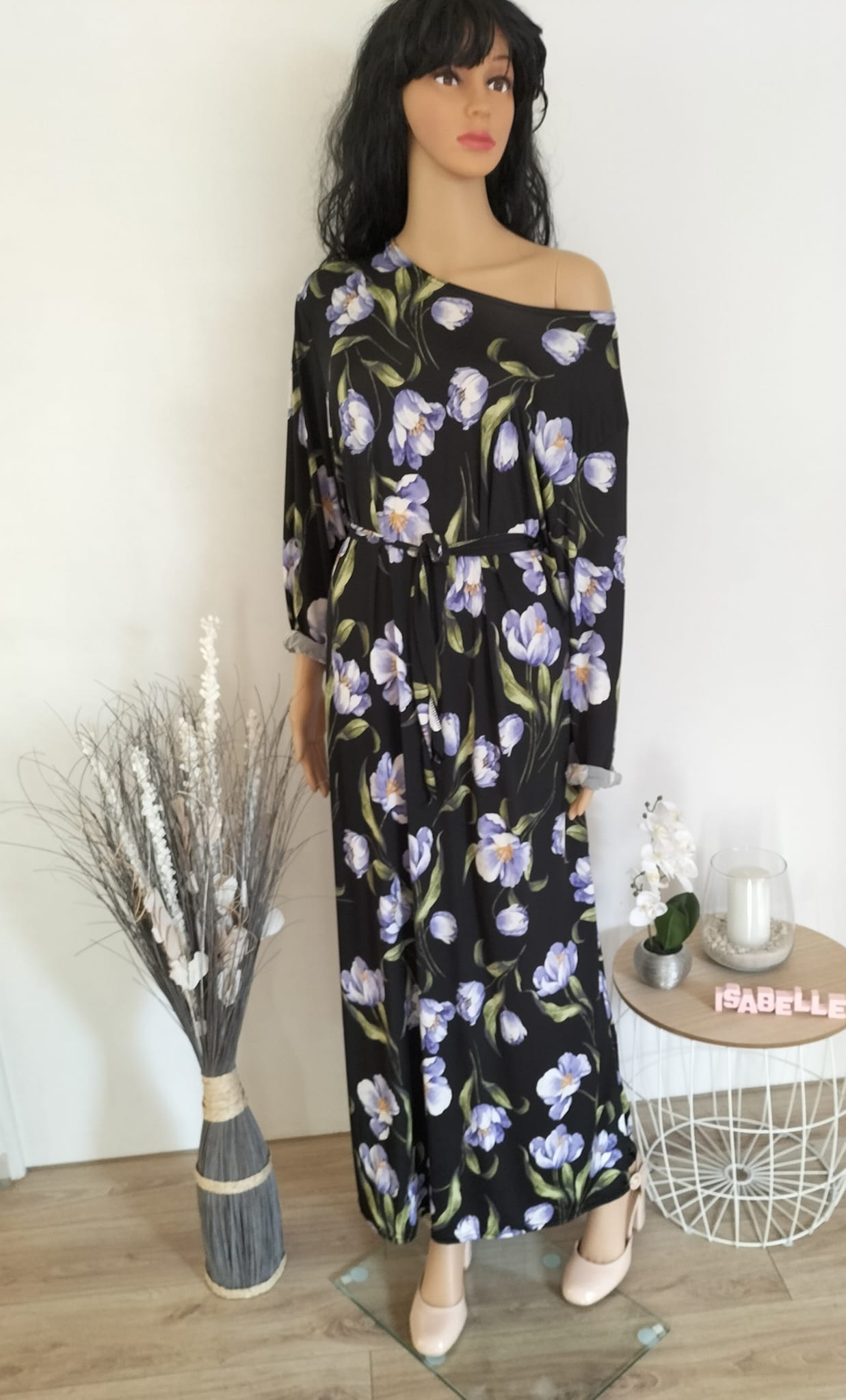 Robe longue noire imprimé fleuri violet  (5)