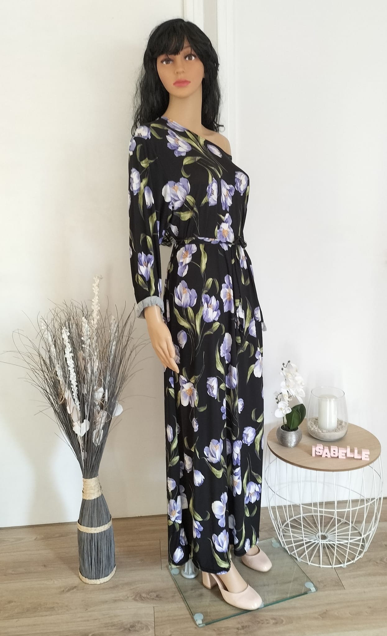 Robe longue noire imprimé fleuri violet  (3)