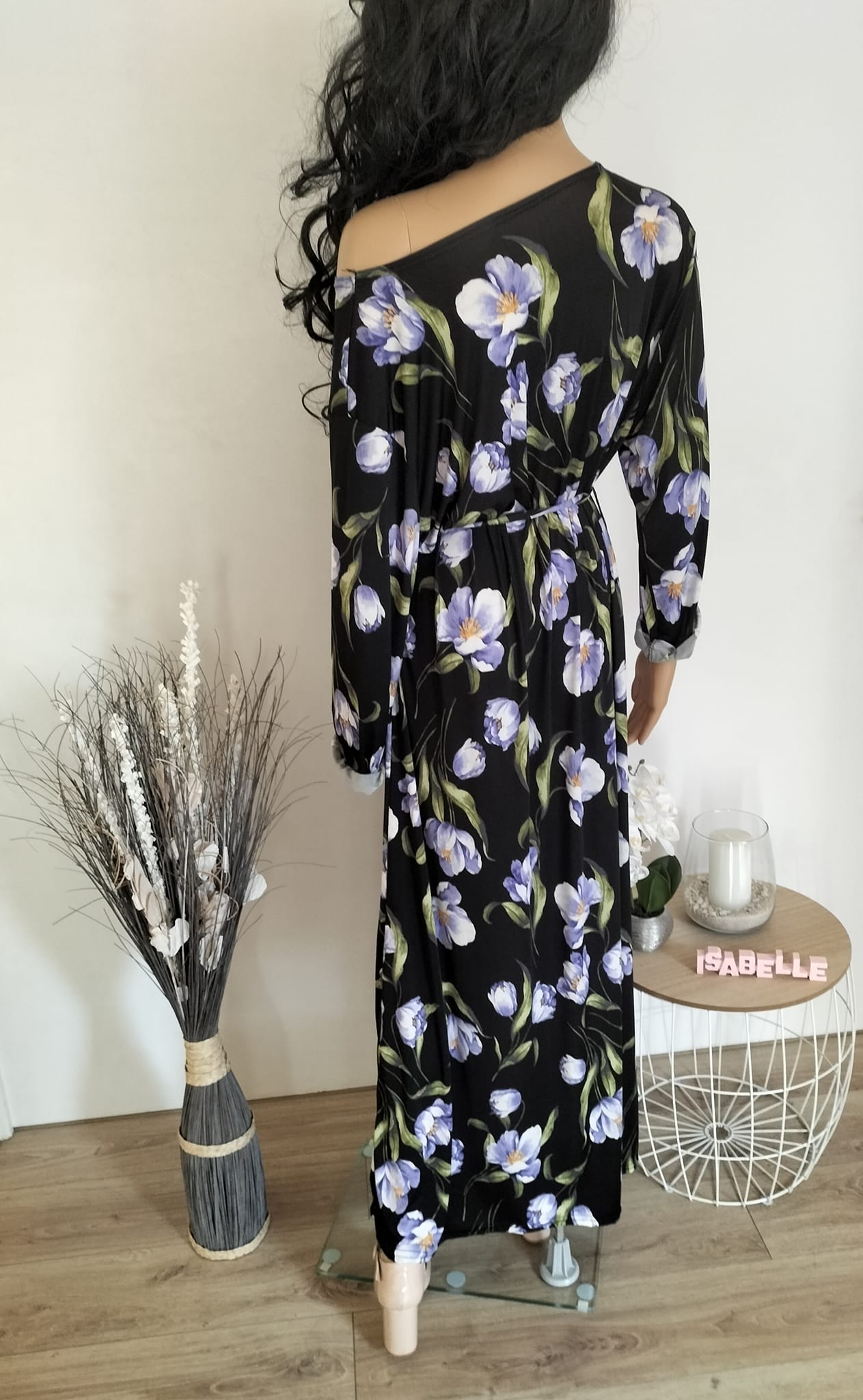 Robe longue noire imprimé fleuri violet  (1)