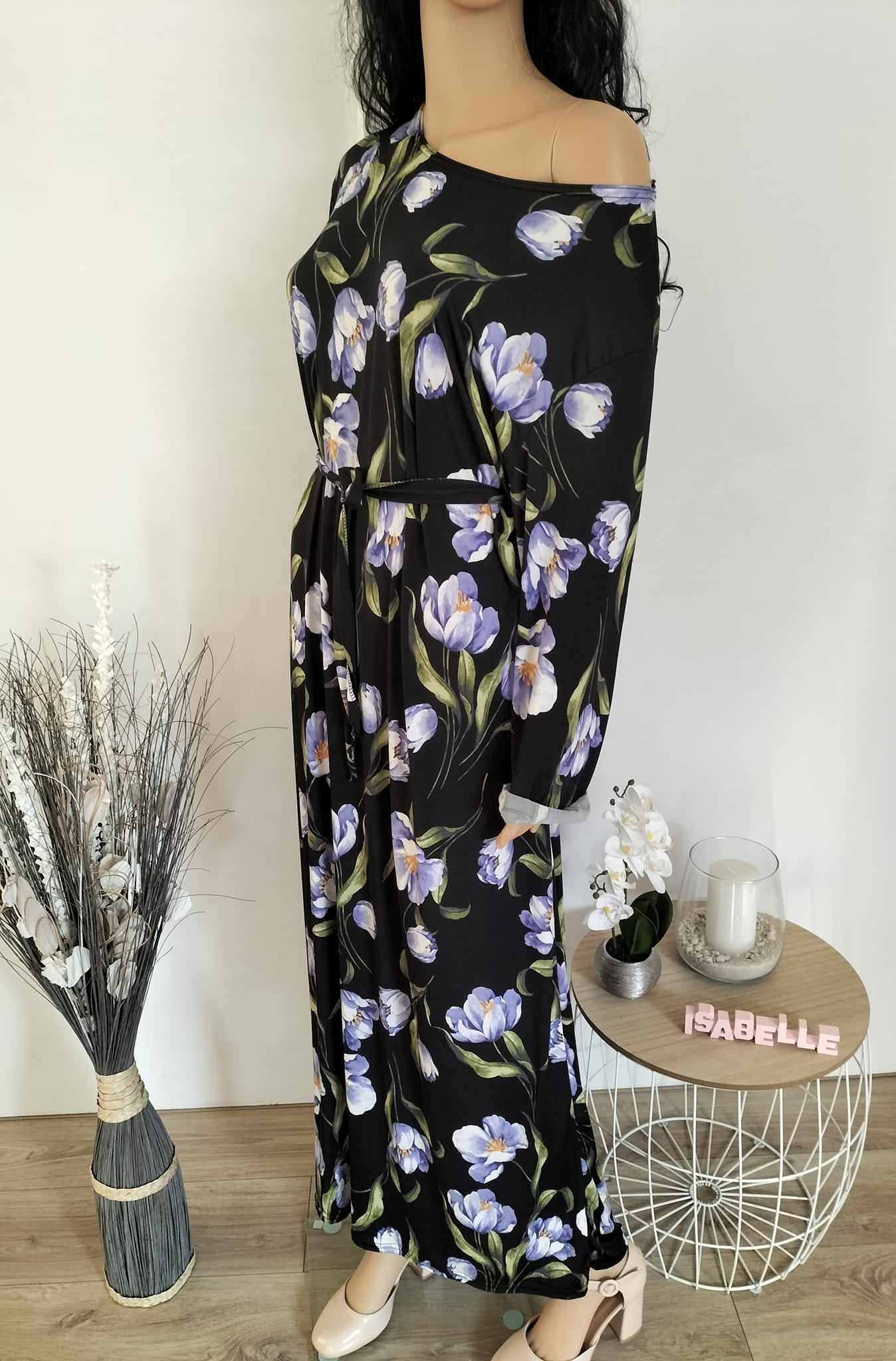 Robe longue noire imprimé fleuri violet  (6)