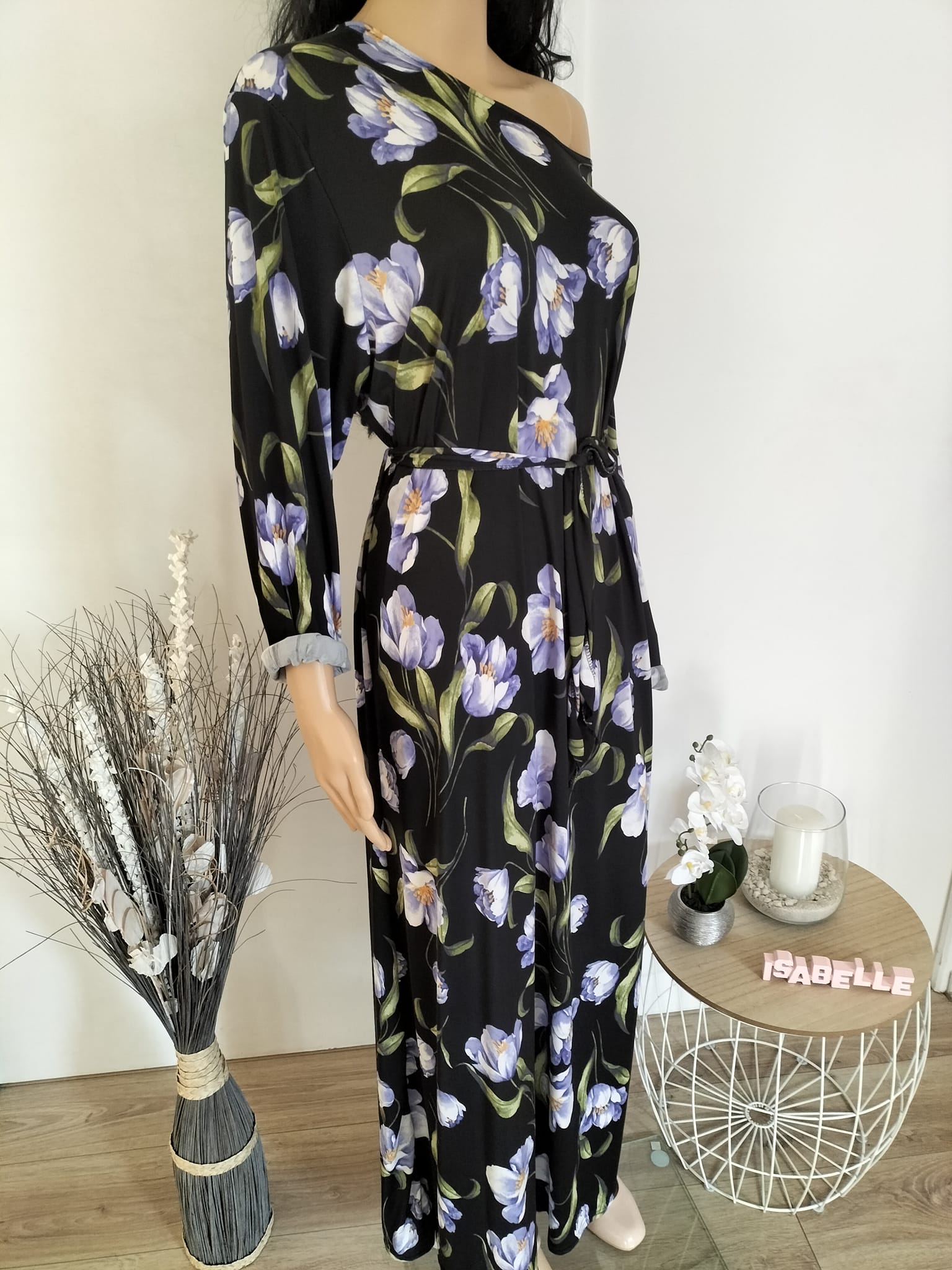 Robe longue noire imprimé fleuri violet  (4)