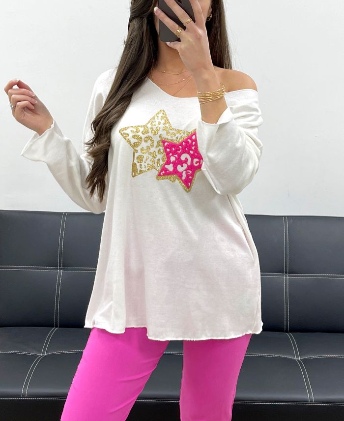 pull-ample-leger-flocage-double-etoile-pe0264-blanc