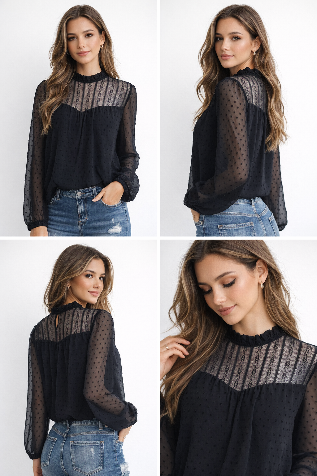Blouse en dentelle noire et jeans déchirés