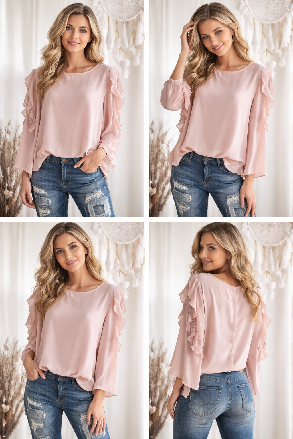 jeune femme en blouse rose et jeans