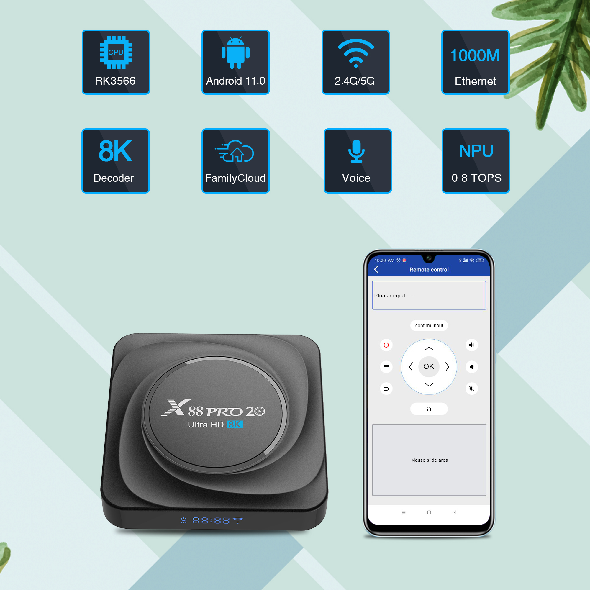 Boîtier Smart TV X88 Pro 20 RK3566, Android 11, 8 go 128 go, 8K