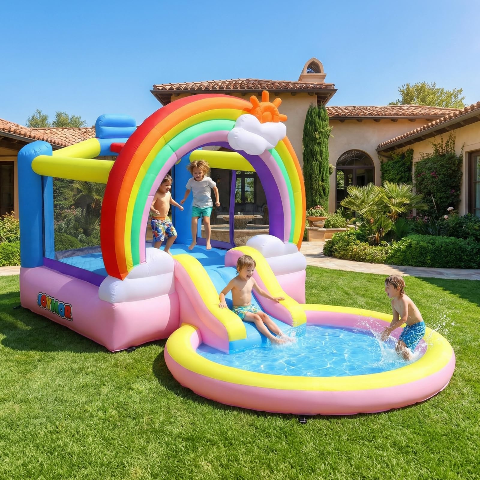 Château Gonflable Bonnlo Arc-en-Ciel avec Toboggan Aquatique