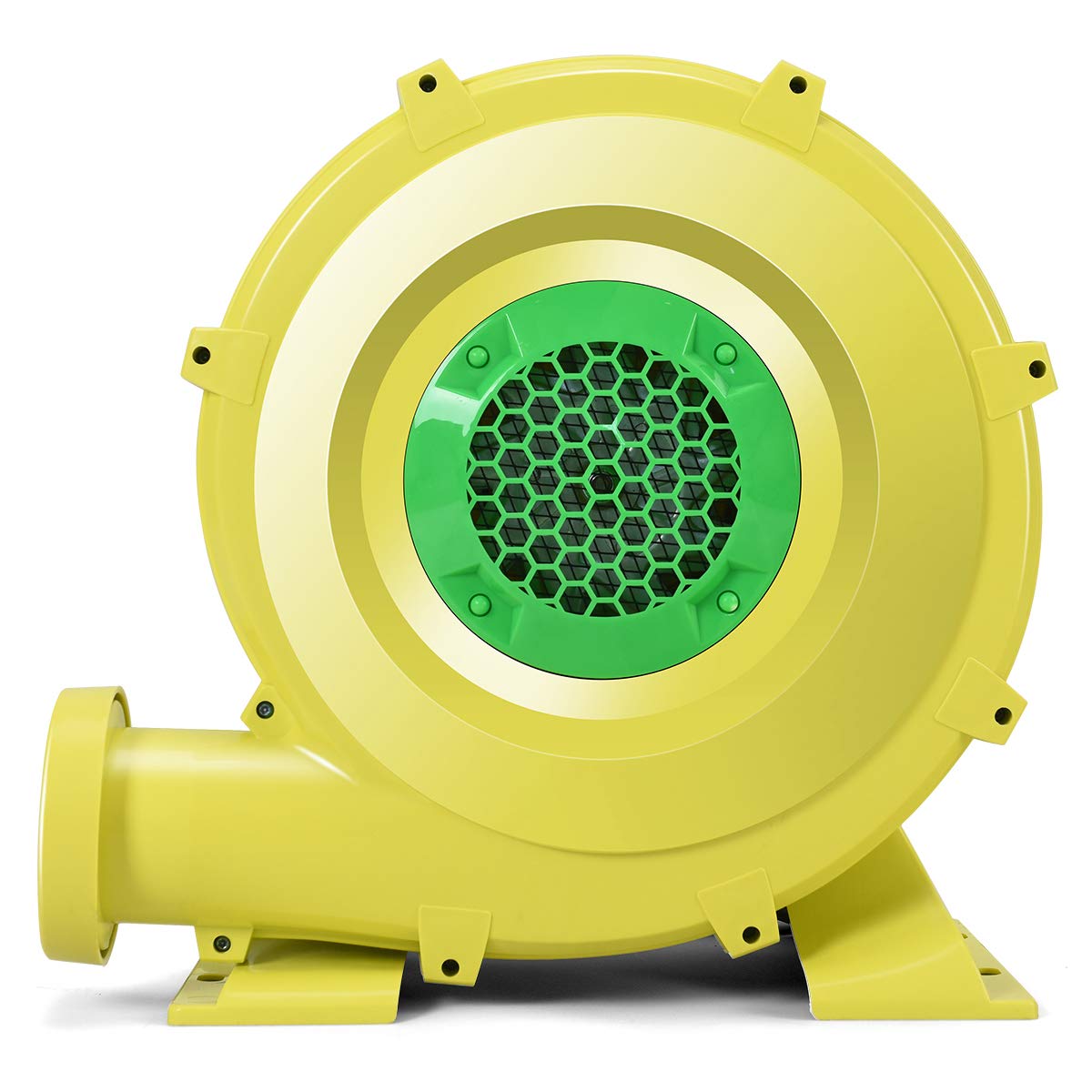Souffleur électrique COSTWAY jaune à grille verte, vu de profil