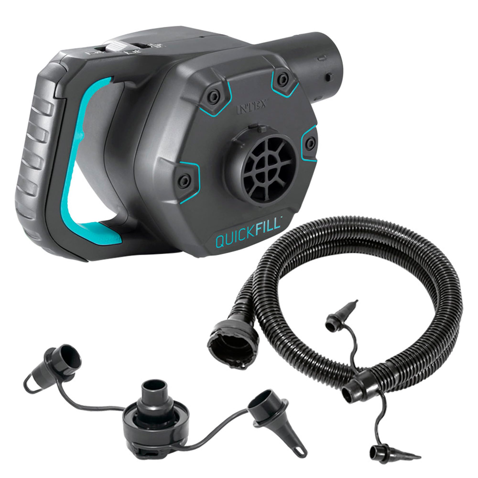 Gonfleur électrique Intex gris et turquoise avec tuyau flexible et trois embouts