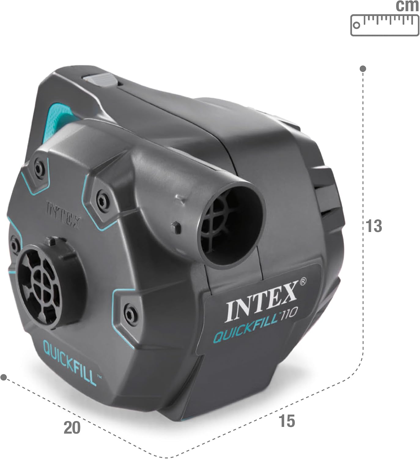Gonfleur Intex vu de trois quarts, environ 20 x 15 x 13 cm