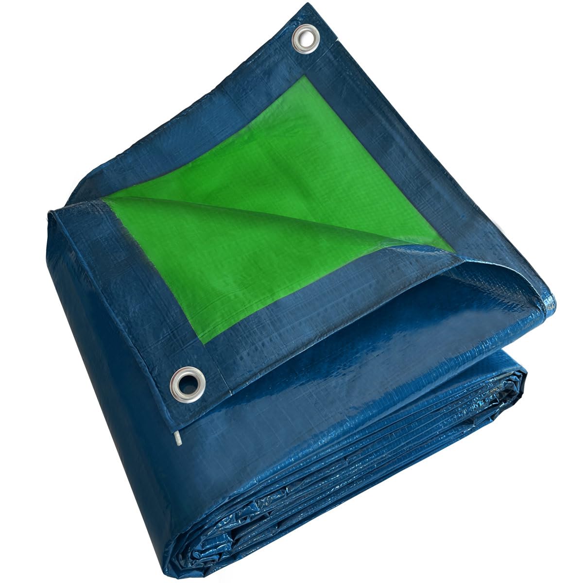 Bâche de protection TECPLAST bleue et verte pliée, avec ses œillets en aluminium