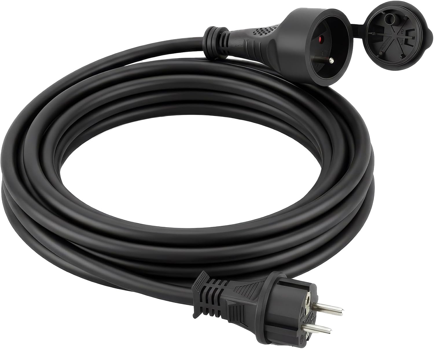 Rallonge électrique Electraline noire de 10 m enroulée, avec fiche et prise à clapet
