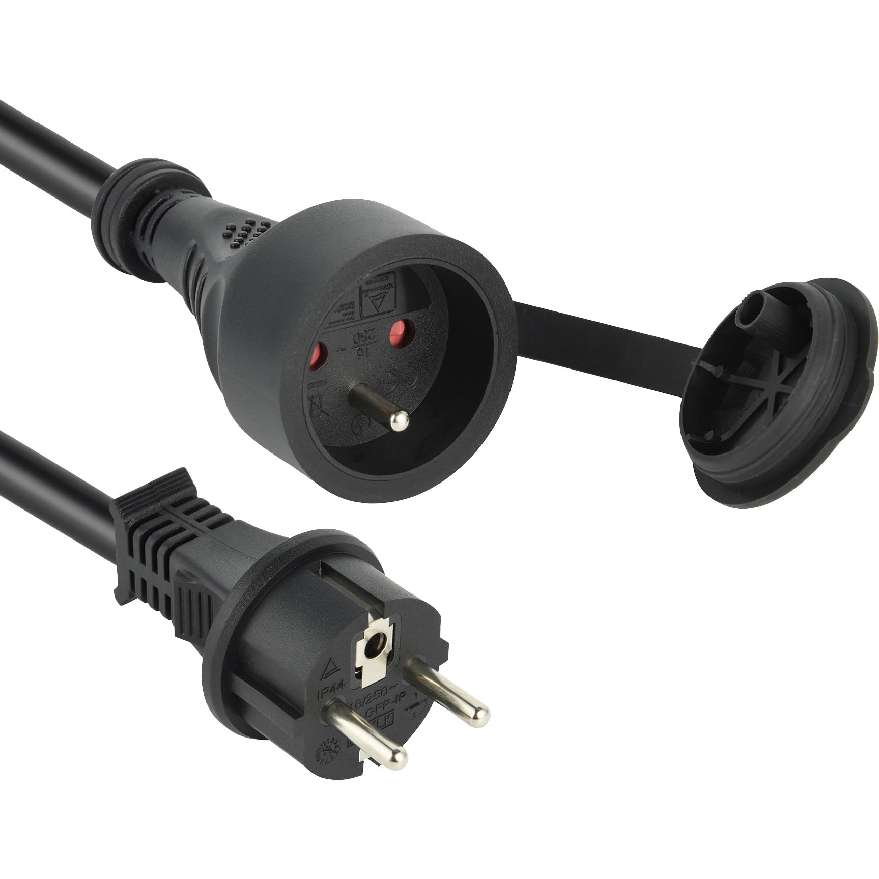 Prise à clapet et fiche mâle de la rallonge Electraline