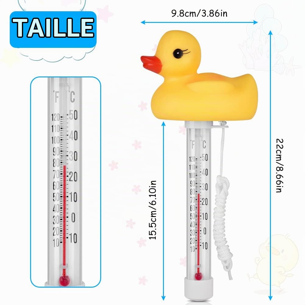 Dimensions du thermomètre canard : 22 cm de haut, 9,8 cm de large