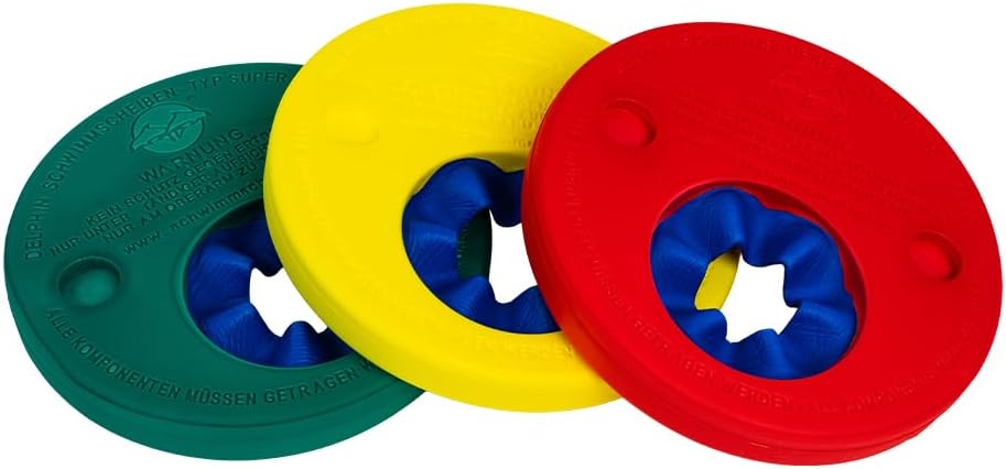 Trois disques de natation Delphin séparés : vert, jaune et rouge