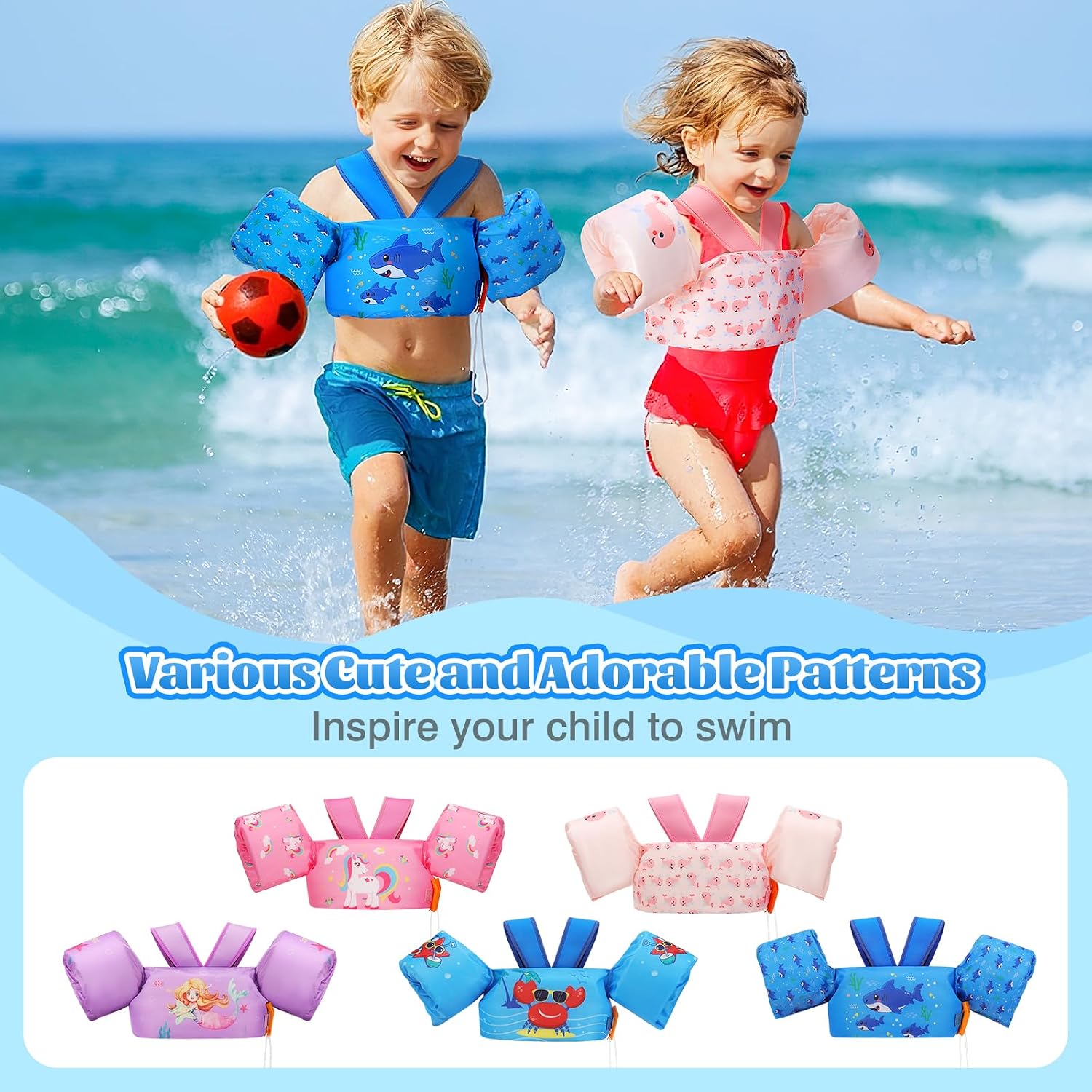 Enfants portant des gilets de natation MoKo à la plage, et dautres motifs de la gamme