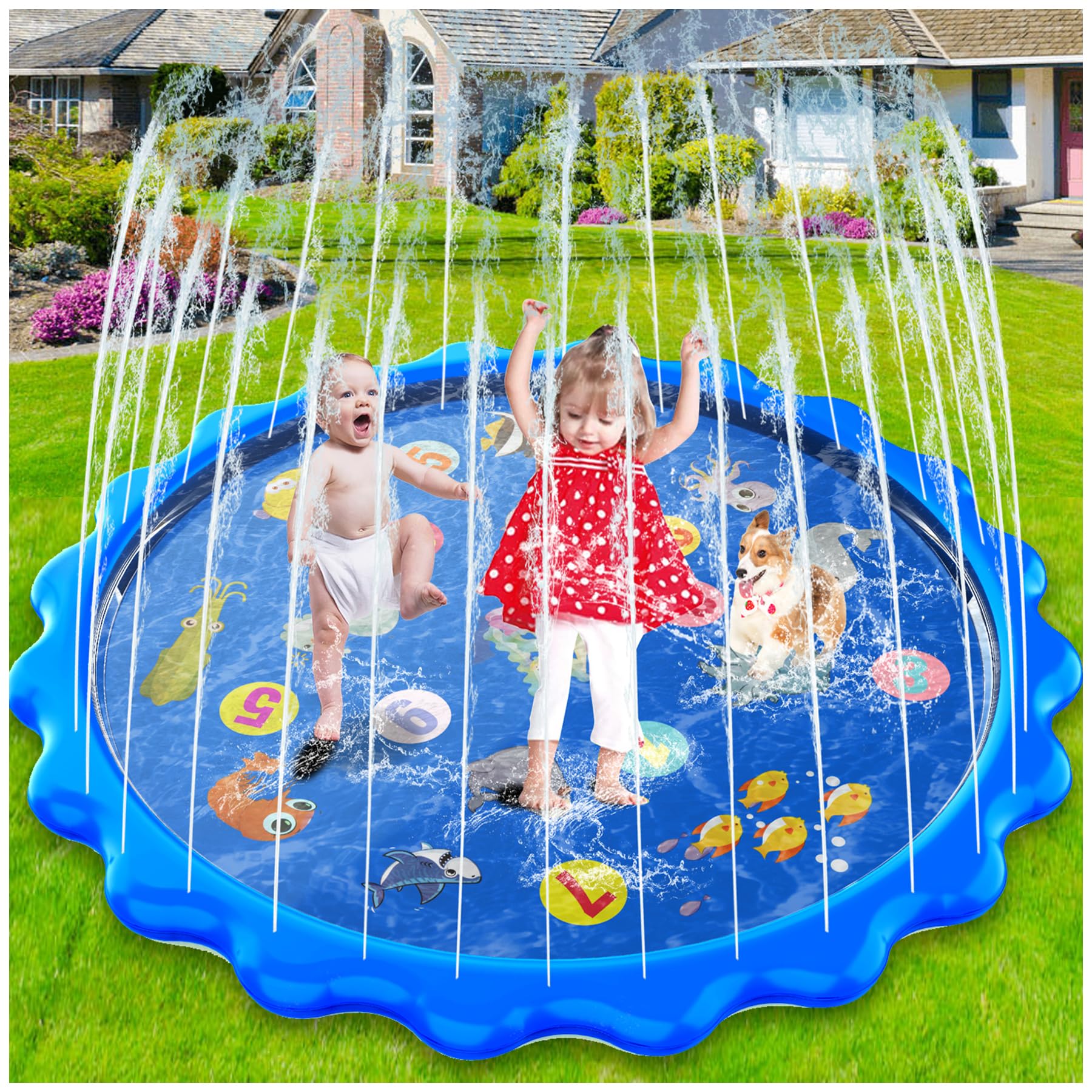 Tapis de jeux deau MOZOOSON bleu à jets circulaires, deux enfants au centre