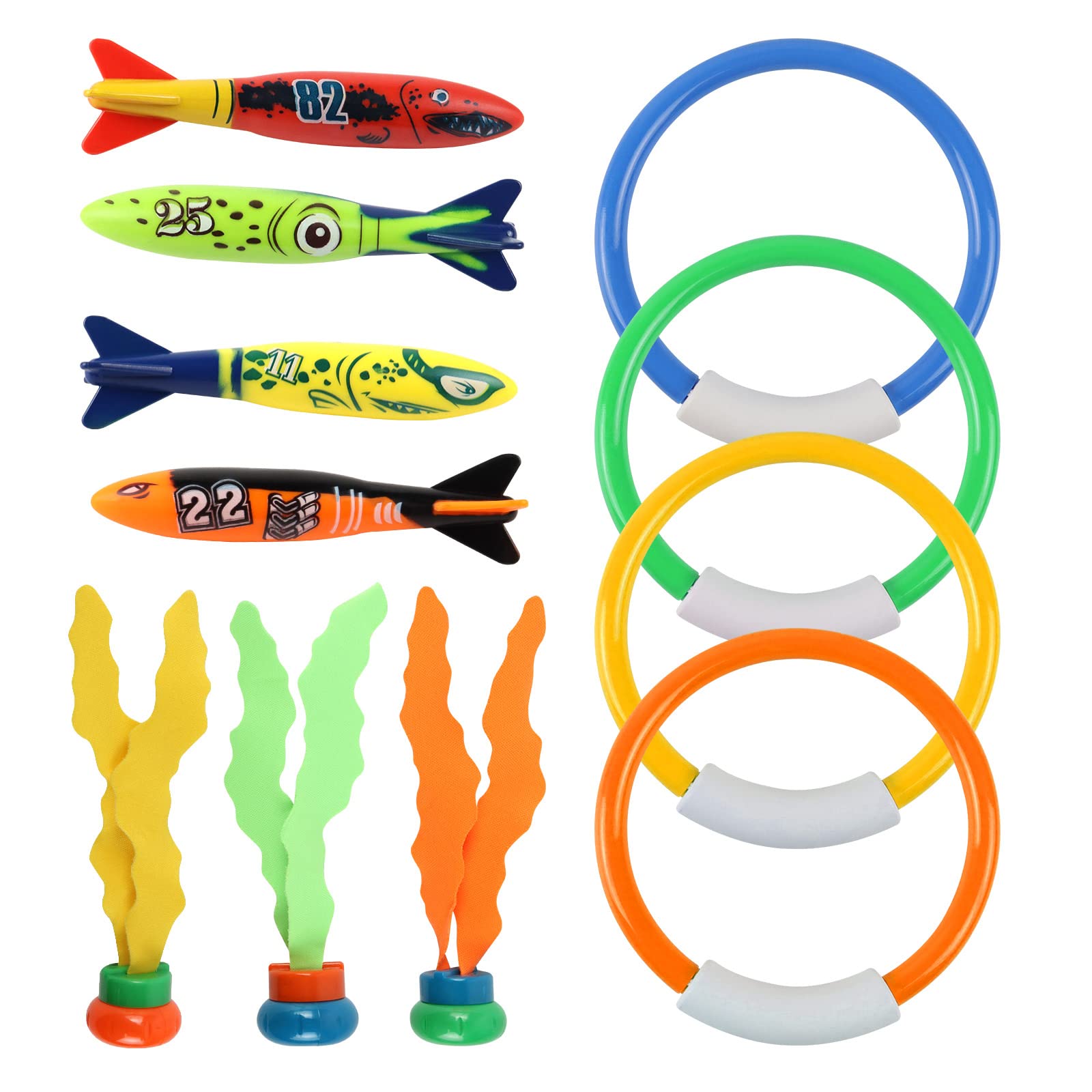 Jeu de plongée : 4 torpilles, 4 anneaux et 3 algues lestées de couleurs vives