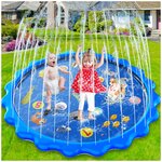 Tapis de jeux d'eau MOZOOSON bleu à jets circulaires, deux enfants au centre